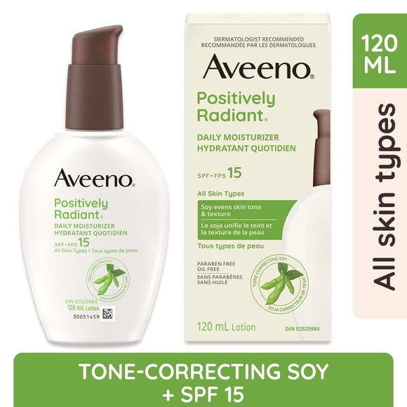 Aveeno Positively Radiant Daily Moisturizer SPF 15 - Face Lotion with Soy Formula for Dry Skin, Hypoallergenic & Oil-Free Lotion, Evens Tone & Texture, Non-Comedogenic Moisturizer for Face 120 ml