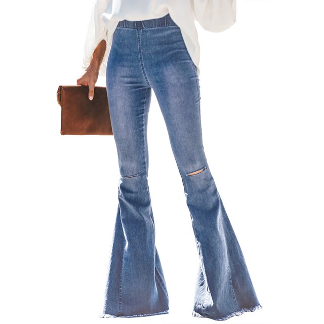 Women's Multicolor/Black/Sky Blue Distressed Bell Bottom Denim Pants