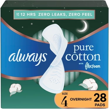 Always Pure Cotton Feminine Pads for Women, Size 4, Overnight, with wings, Unscented