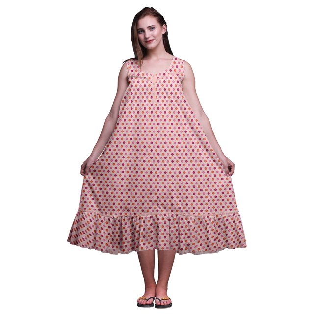 Bimba Robe de Nuit Mi-Mollet Colorée à Pois Saumon Rose Pâle pour Femmes en Coton Imprimé Sans Manches Maxi Robe XX-Grand
