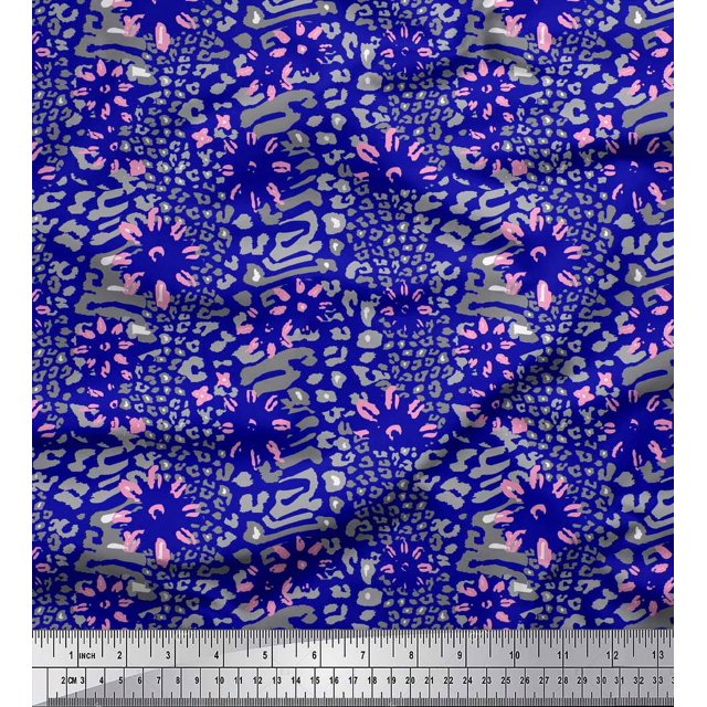 Soimoi Blue Velvet Fabric Leopard Animal Skin Printed Craft Fabric by the Yard 58 Inch Wide