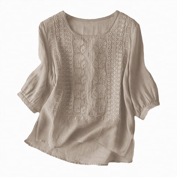 Splozh Women Y2K Long Sleeve Linen Shirts for Women Retro Embroidery Summer Loose 3/4 Sleeve Tshirts Tunic Tops Casual Blouses Boho Clothes Coffee,XL