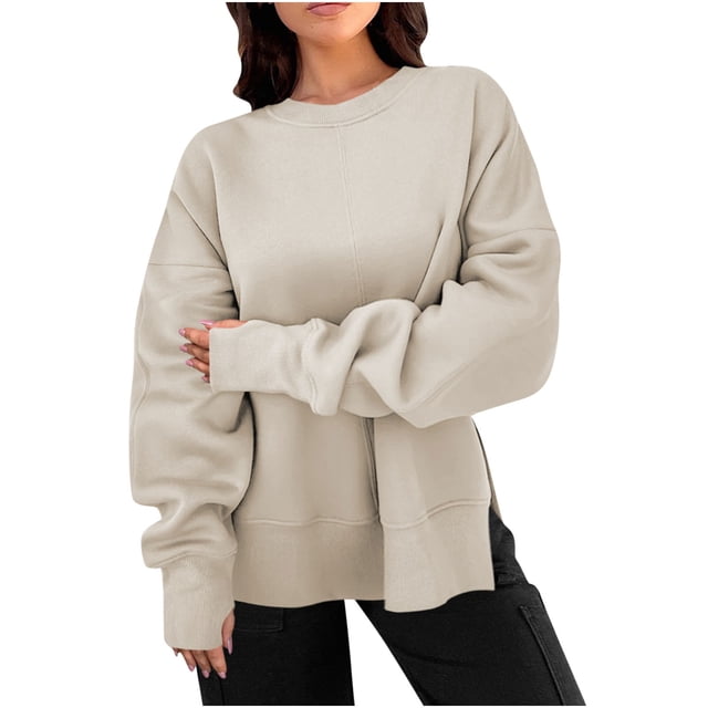 Timegard Womens Sweatshirt Long Sleeve Side Split Crewneck Oversized Pullover Fall Winter Loose Tops