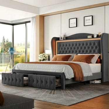 Homfa Cadre de Lit Très Grand Size à DEL avec Tiroirs de Rangement, Tête de Lit Rembourrée en Velours de 54 Po de Hauteur, Lit Plateforme avec Tête de Lit à Boutons Style Aile, Gris