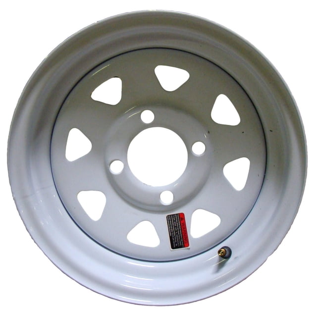HI-RUN NB2003 Sutong Trailer Wheel 12X40 4Lug, a white round steel trailer rim with four lug holes and eight triangular cutouts, featuring a valve stem and a red warning label inside, designed for automotive tire rims and trailer applications.