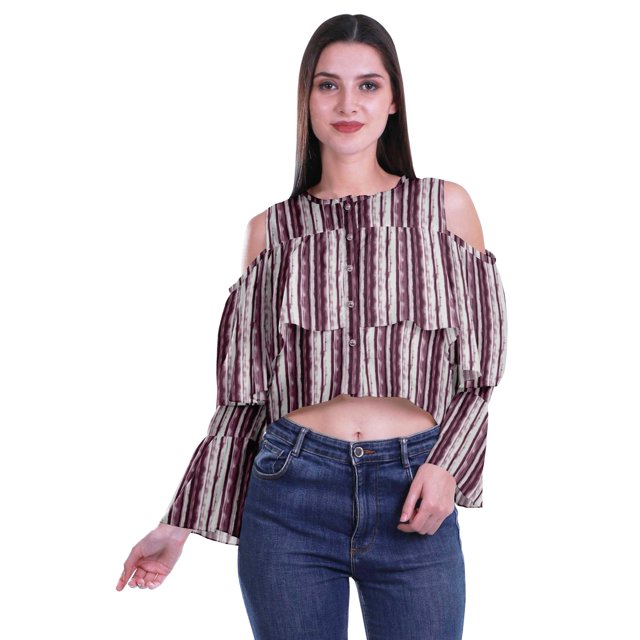 Moomaya Cold Shoulder Tops Shirts For Women Printed Casual Blouse Short Top