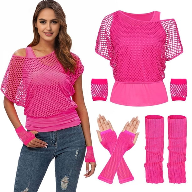 Costume Années 80-90 Pour Femme – 22 Pièces Fluo – T-shirt, Jambières, Bandeau, Gants Résille, Bijoux