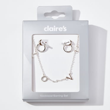 Claire's Jewelry Set Silver Love Initials Necklace and Small Hoop Earrings, Female, 1010