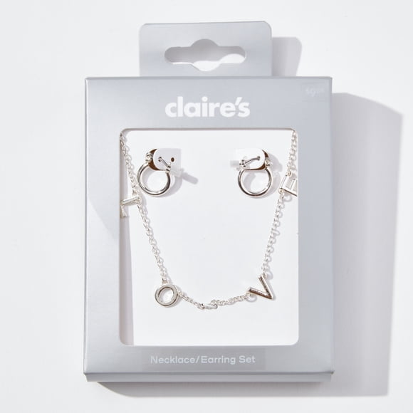 Claire's Ensemble de Bijoux Collier en Argent avec Initiales Love et Petites Boucles d'Oreilles Créoles, Femme, 1010
