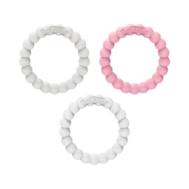 Dr. Brown's Flexees Beaded Teether Rings 3-pack with soft, durable 100% silicone beaded rings in white, pink, and gray, featuring a bumpy texture for soothing sore gums and easy gripping, BPA-free and safe for babies 3 months and older.