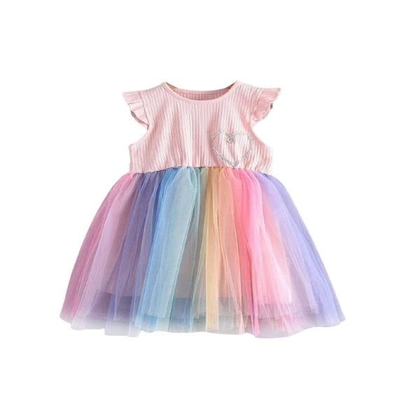 MesaSe Toddler Baby Girl Holiday Party Dress Mesh Dress Rainbow Color Fly Sleeve Princess Skirt