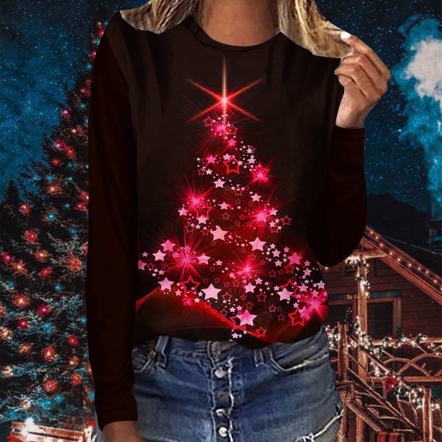Jienlioq T-Shirts de Noël Grande Taille Mode pour Femmes à Col Rond à Manches Longues Imprimé Décontracté T-Shirt Blouse Hauts