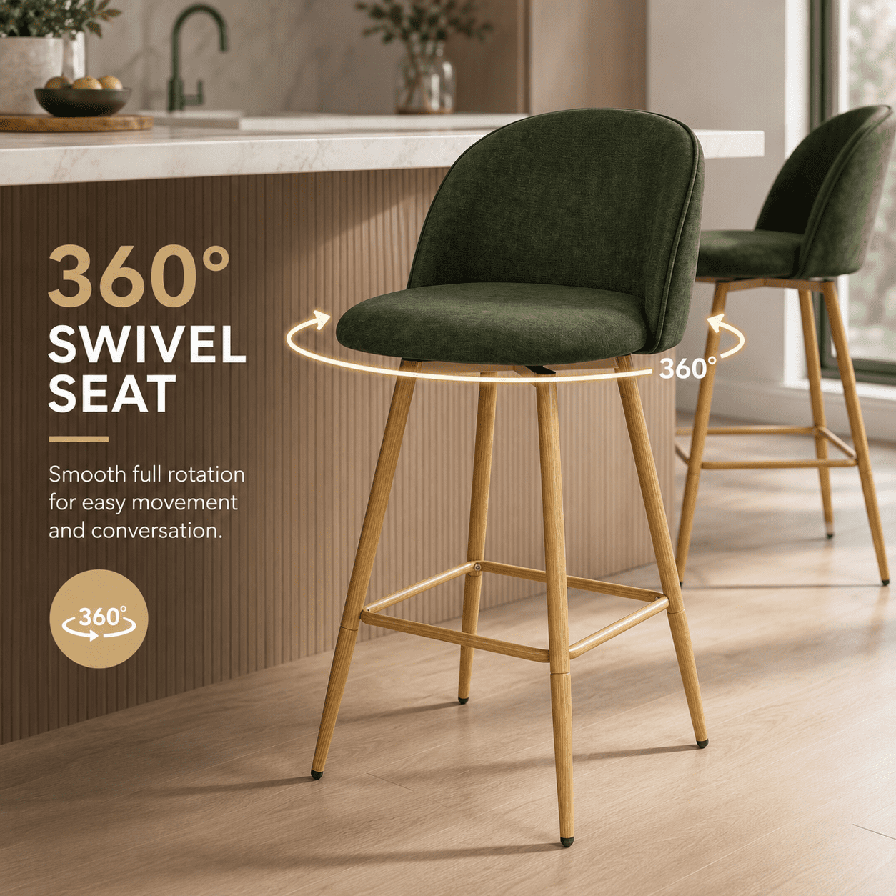 Homy Casa Ensemble de 2 tabourets pivotants 24.4", chaises vertes en tissu pour îlot de cuisine et bar maison