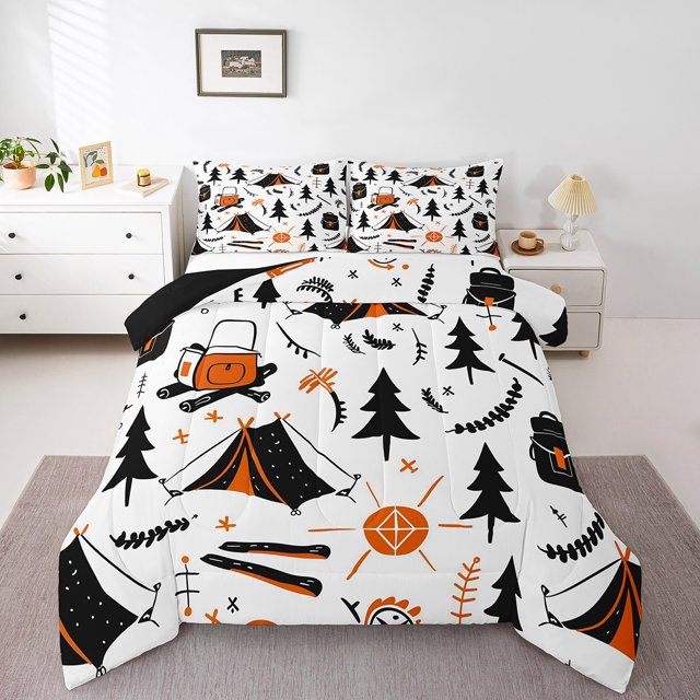 Erosebridal Happy Camping Theme Bedding Full Comforter Set, Tent Pine Tree Duvet Insert, Reversible 3-Piece