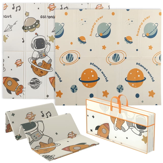Qaba Baby Play Mat, Crawling Mat 77" x 69" with a double-sided astronaut and planet theme. Designed for babies and toddlers, it features high-density XPE material, 0.6" thick padding for safety, anti-slip texture, and a waterproof surface for easy cleaning. Foldable for compact storage and travel.