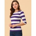 thumbnail image 3 of INSPIRE CHIC Chemises Rayées pour Femmes Coupe Ajustée Manches au Coude T-Shirt Col Bateau TP Violet Blanc, 3 of 5