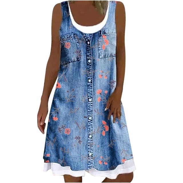 Pisexur Robe en Denim pour Femme Sans Manches à Col en V, Robe Midi à Fleurs, Décontractée, Fente Latérale, Robe-Chemise en Jean