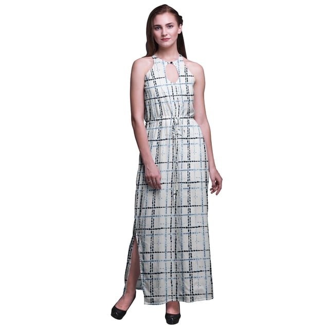 Bimba Robe Longue de Soirée à Col Rond Imprimée pour Femmes avec Fentes Latérales - Très Petit