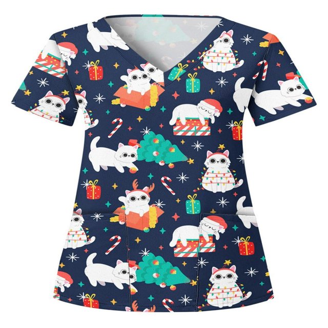 Hauts Style Infirmière à Imprimé Renne pour Femmes T-shirt de Noël
