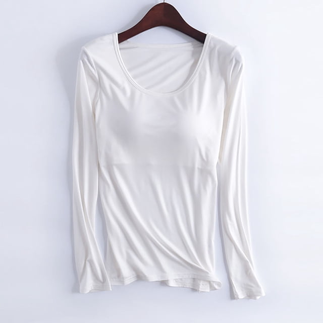 RKSTN Pyjama pour Femmes Confortable Léger avec Soutien-Gorge Rembourré Intégré Pyjama Couleur Unie Manches Longues Col Ras du Cou Tenue de Nuit Polyvalente Tenue Décontractée d'Hiver Haut une Pièce