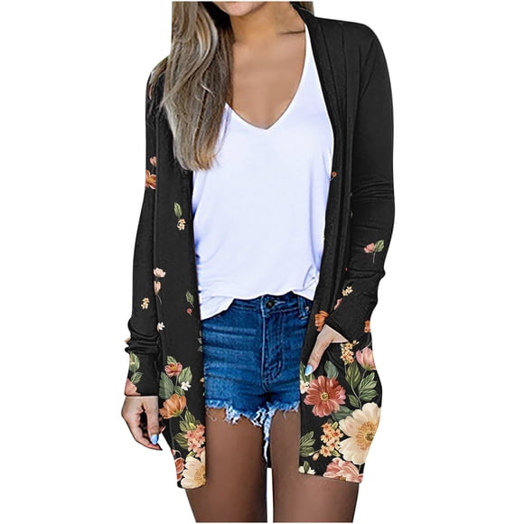 RKSTN Long Sleeve Shirts for Women Floral Printed Irregular Hem Pleated Cardigan Tops with Pockets
