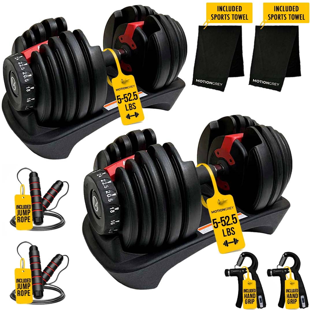 MotionGrey 5 to 52.5 LB Adjustable Dumbbells, Free High Strength Hand Grip and Jump Rope Included, 15 Weight Settings DumbBell, Anti-Slip Metal Handle for Exercise (Set of 2)