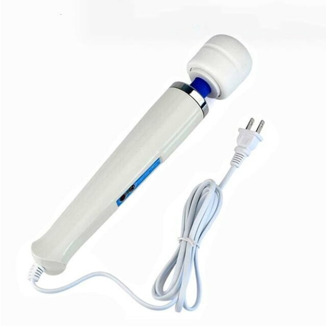 Multi-speed handheld massager Magic Wand HV-260 with a white plastic body, blue accents, and a smooth, tennis-ball-sized head. Features a 3-position high/off/low switch, two vibration speeds (5,000 and 6,000 vibrations per minute), and a 6-foot cord. Designed for full-body and foot massage, powered by a plug compatible with EU, US, and AU outlets. Approximate dimensions are 12 inches in length and 2.25 inches in head diameter.