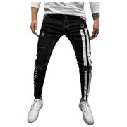 Men's Jeans Men Striped Zipper Denim Hole Vintage Wash Hop Work Trousers Jeans Pants Jeans Moto Homme Black L