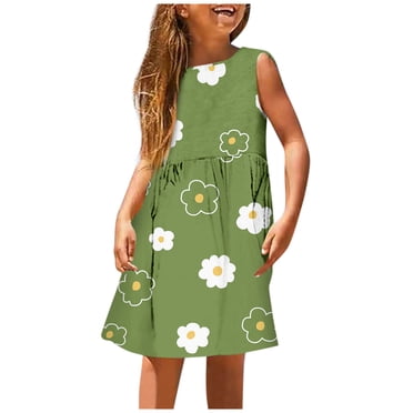 PMVFHDE Girls Summer Outfit Girls Fashion Cute Spring And Summer Printed Round Neck Sleeveless Casual Dress (3),Green,3-4