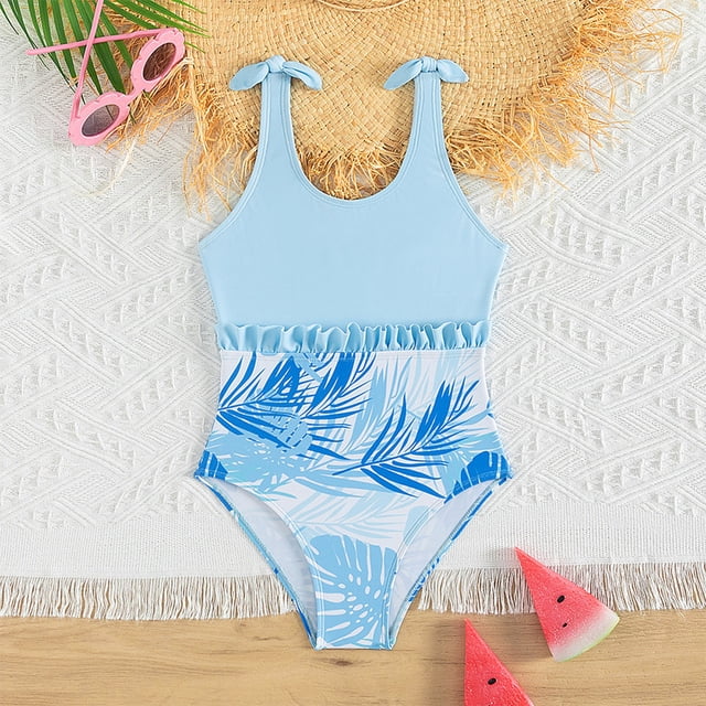 Girls Swimsuit One Piece Swimwear Quick Dry Ruffle Floral Pattern Girls Bathing Suits Size 7-8 Years