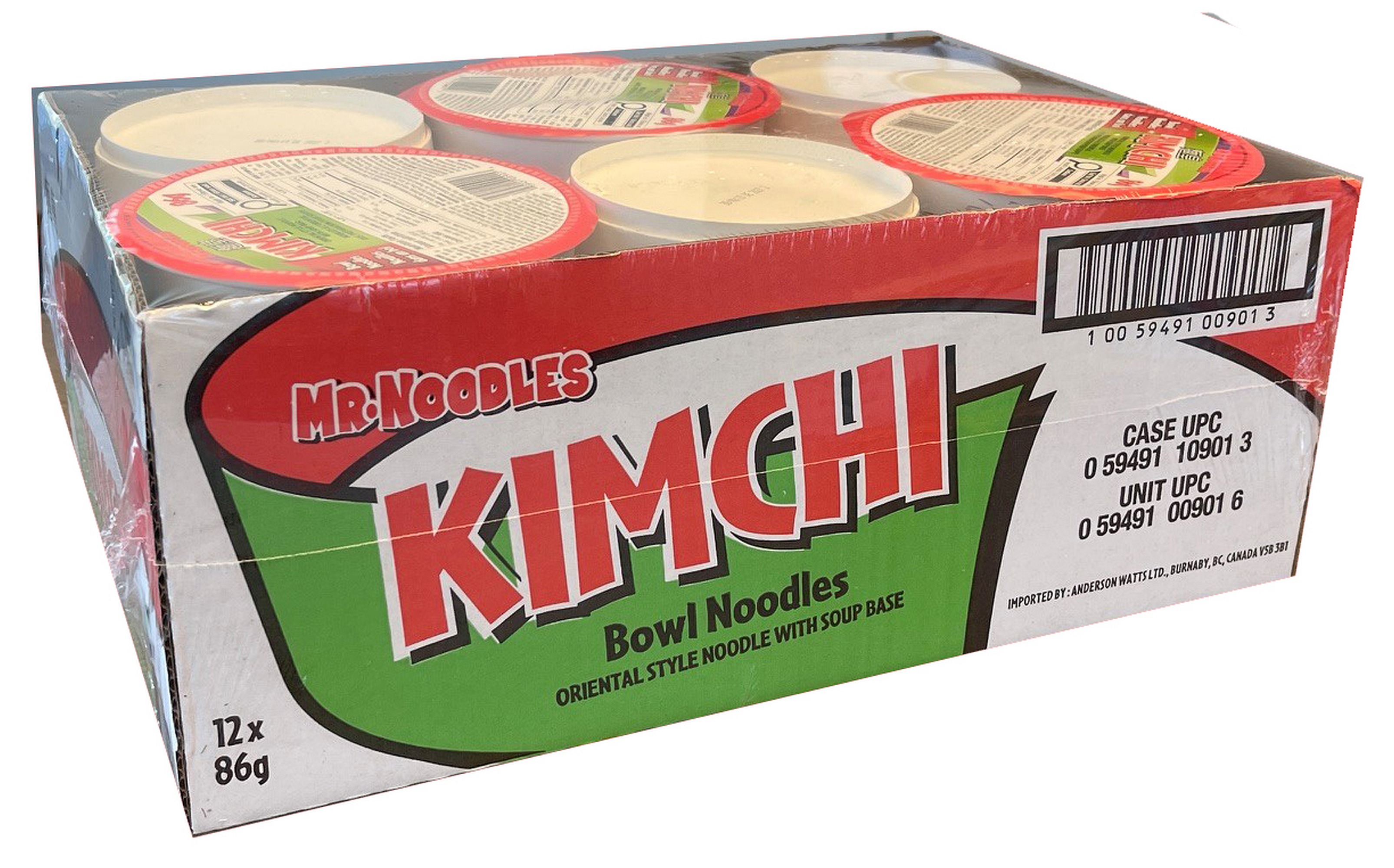 Nouilles à l’oriental à saveur de Kimchi traditionnel dans un bol de Mr. Noodles, 86 g, paquet de 12