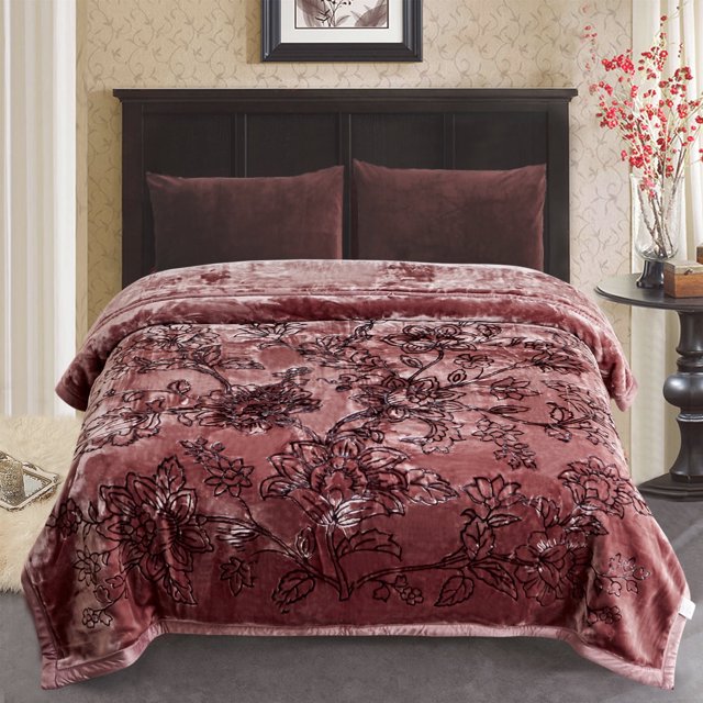 JML Thick Warm Winter Fleece Blanket for King Bed, 2-ply reversible design in bean paste color, measuring 87 x 94 inches and weighing 10.5 pounds. Made of heavy plush fleece with a raschel texture and floral patterns, ideal for winter bedding. Displayed on a neatly made bed in a cozy bedroom setting.