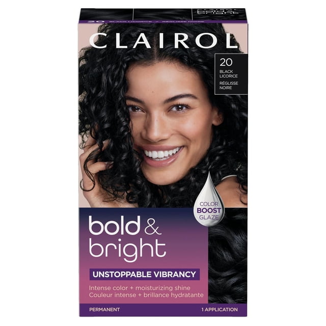 Clairol Bold & Bright Teinture Capillaire Permanente en Teinte 20 Réglisse Noire, Présentée sur l'Emballage avec des Cheveux Noirs Bouclés, Mettant en Valeur une Couleur intense, une Brillance Hydratante et une Vibrance Imparable avec la Technologie TrueColorSeal et un Glaçage Rehausseur de Couleur pour une application.