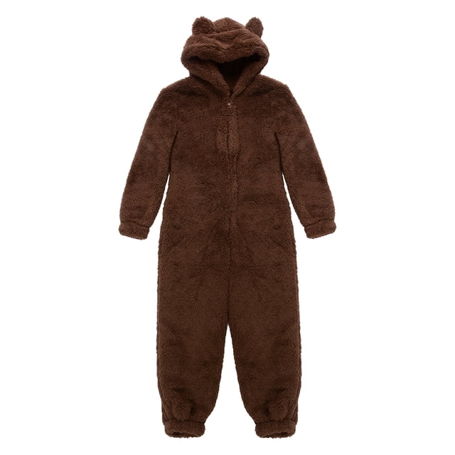 Combinaison Parent-Enfant de Couleur Unie, Ensemble de Pyjamas Familiaux à Manches Longues, Comprenant une Combinaison à Capuche Brune avec des Oreilles d'Ours. Fabriquée en polyester Doux, Cette Tenue Douillette Est Parfaite pour l'Automne et l'Hiver. Elle Comprend une Fermeture Éclair avant pour un Enfilage Facile et des Poignets Élastiques pour un Ajustement Sécuritaire. Convient aux Tenues Assorties pour la Famille Ou aux Cadeaux des Fêtes.