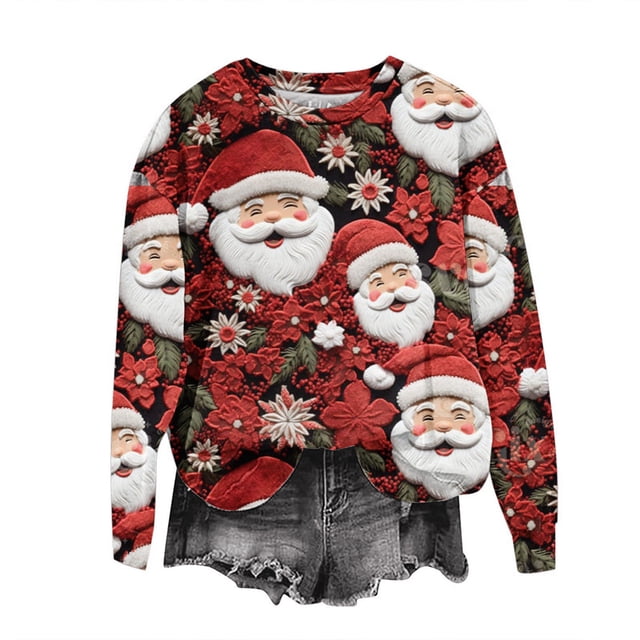 Atogsazn Chandails de Noël pour Femmes Col Rond Manches Longues Chandail en Molleton Blouse Ample Rouge TTG Mode