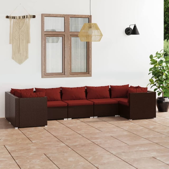 vidaXL Ensemble de Salon de Jardin 7 Pcs avec Coussins en Rotin Poly Brun