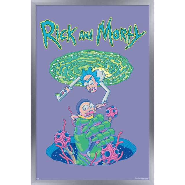 Rick And Morty - Affiche Murale d'Automne Portal, 22,375 Pouces x 34 Pouces Représentant Rick aux Cheveux Bleus et au Manteau de Laboratoire Blanc Émergeant d'Un Portail Vert Tourbillonnant Tenant un Pistolet de Science-Fiction, Tendant la Main pour Attraper Morty Piégé dans une Grande Main d'Extraterrestre Verte avec des Orbes Rose Type Tentacule sur un Fond Violet, Idéal pour la Décoration Murale de Chambre Ou de Bureau.
