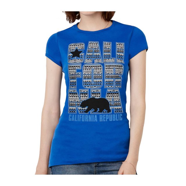 Womens California Republic Blue Tribal Pattern Black T-Shirt - Royal - 2X-Large
