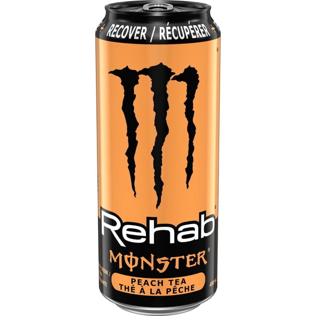 MONSTER ENERGY Rehab Peach Tea 458mL can with orange and black design featuring the black claw logo, 'Rehab' in white, and bilingual 'Peach Tea Thé à la Pêche' text, an energy drink formulated to refuel, revive, and recover with electrolytes and 170mg caffeine.