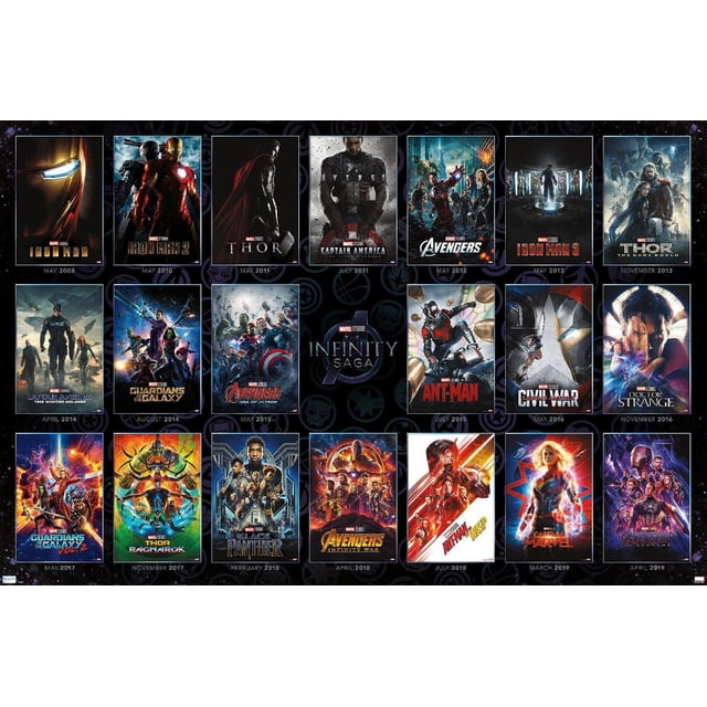 Marvel Avengers : The Infinity Saga one sheet grid wall Affiche Mettant en Vedette 22 Affiches Encadrées de Films de Mai 2008 à Avril 2019, Incluant Iron Man, Iron Man 2, Thor, Captain America, Avengers, Iron Man 3, Thor : The Dark World, Captain America : The Winter Soldier, Guardians of The Galaxy, Avengers : The Age of Ultron, Ant-Man, Captain America : Civil War, Thor : Ragnarok, Black Panther, Avengers : Infinity War, Ant