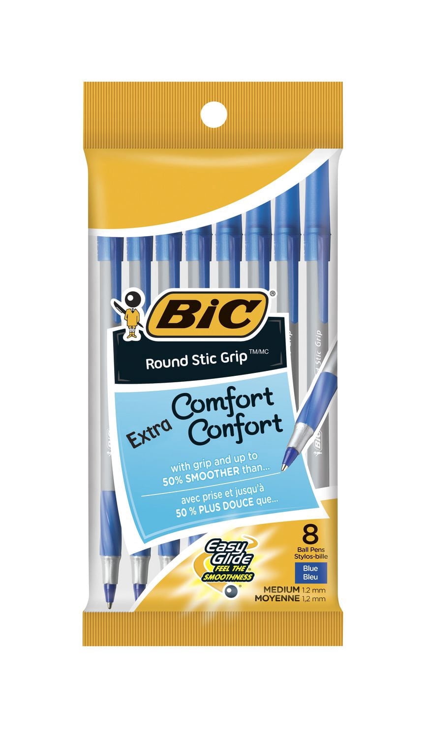 BIC Round Stic Grip Extra Comfort Ballpoint Pen, Medium Point (1.2mm), Blue, Soft Grip For Added Comfort And Control, 8-Count