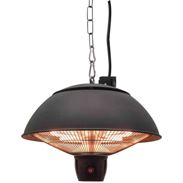 Westinghouse Infrared Electric Outdoor Heater hanging with a matte black dome-shaped metal shade and protective wire grill showing glowing infrared heating elements, suspended by a metal chain and black power cord, with a red power switch at the base, suitable for outdoor patios and gazebos.