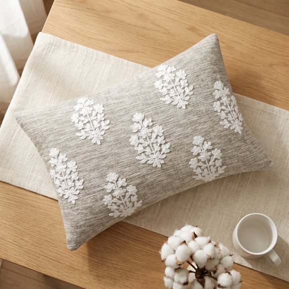 Rectangular Linen Lumbar Throw Pillow,Soft White Raised Floral Applique Waist Cushion, Neutral Farmhouse Decorative Pillow for Sofa Bed Couch Decoration