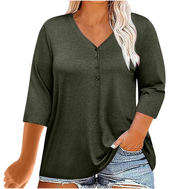 Plebaso Womens Plus Size Tops 3/4 Sleeve V Neck Casual T Shirts Loose Solid Color Button down Blouses Tees