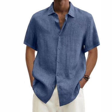 lcziwo Men's Cotton Linen Shirt Casual Button Down Shirts Lightweight Short Sleeve Shirts Summer Dress Shirts Blouse 2024 Blue L