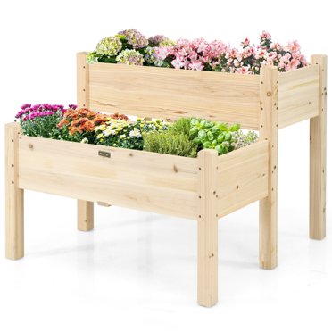Gymax 2 niveaux en bois surélevé lit de jardin 34 '' x 33.5 '' x 28,5 '' bois de sapin naturel avec des trous de drainage (1 comte)