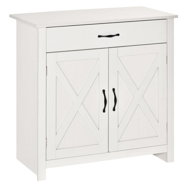 HOMCOM Farmhouse Sideboard, Buffet Cabinet with Barn Door, Distressed White. Rustic whitewashed finish with crossbuck detailing on double doors. Includes a spacious drawer and enclosed cabinet for versatile kitchen storage. Made of MDF and particleboard, suitable as a buffet, sideboard, or TV console. Dimensions: 31.5 inches wide, 15.75 inches deep, and 31.5 inches high.