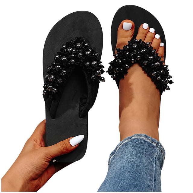 RKSTN Sandales pour Femmes Chaussures de Mode Décontractées Bout Rond Talon Compensé Pantoufles Perles Sandales de Plage Confortables