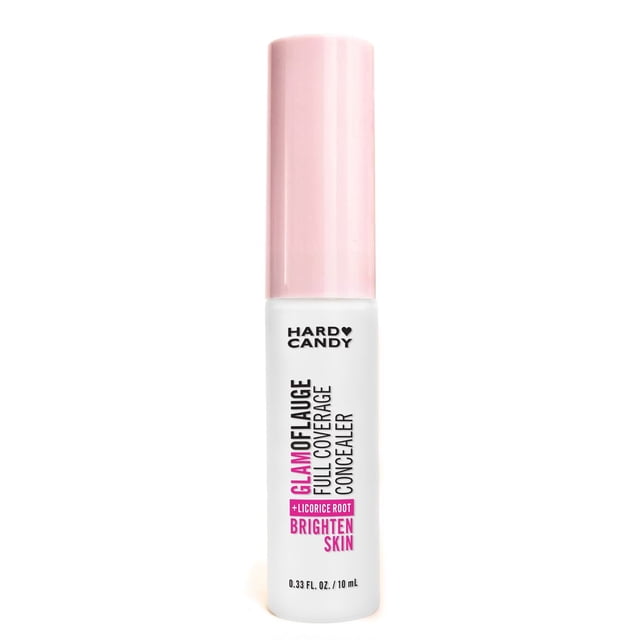 Hard Candy Glamoflauge Pro Concealer in White, 0.33 fl oz, in a white cylindrical bottle with a pale pink cap, featuring black and pink text highlighting full coverage and brightening licorice root formula, suitable for brightening and contouring skin.