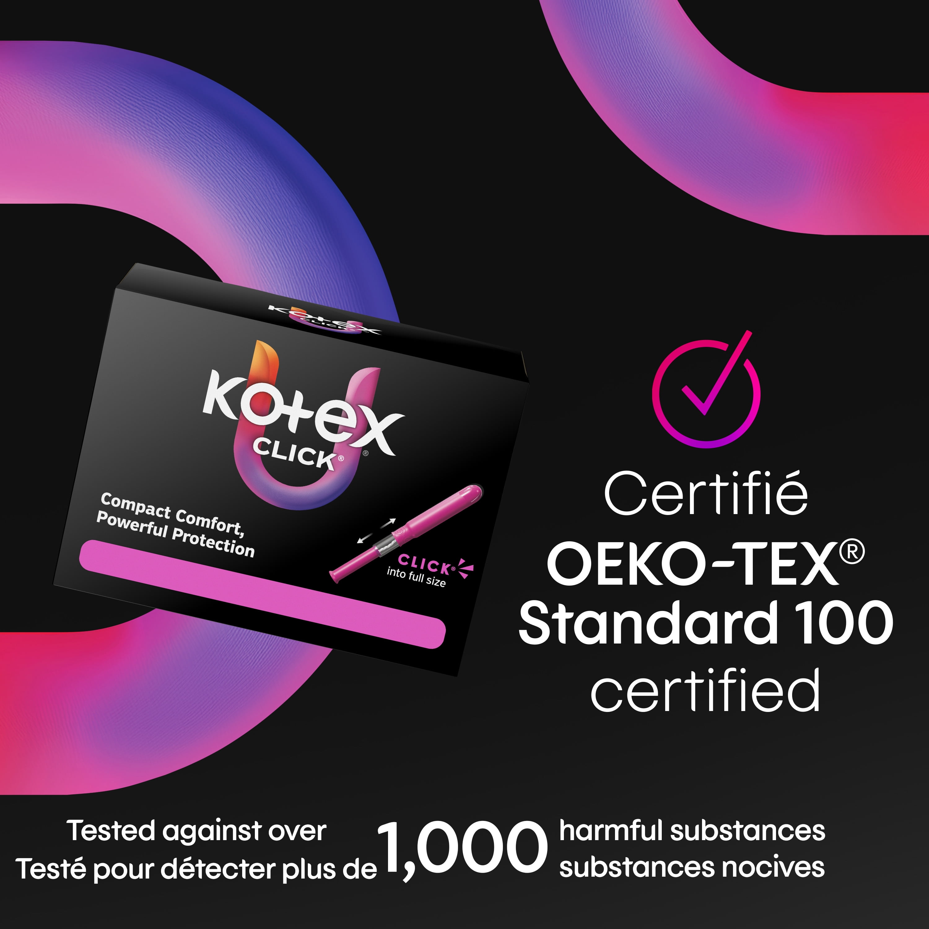 Tampons compacts U by Kotex Click, réguliers/super, emballage multiple, non parfumés, 15 tampons